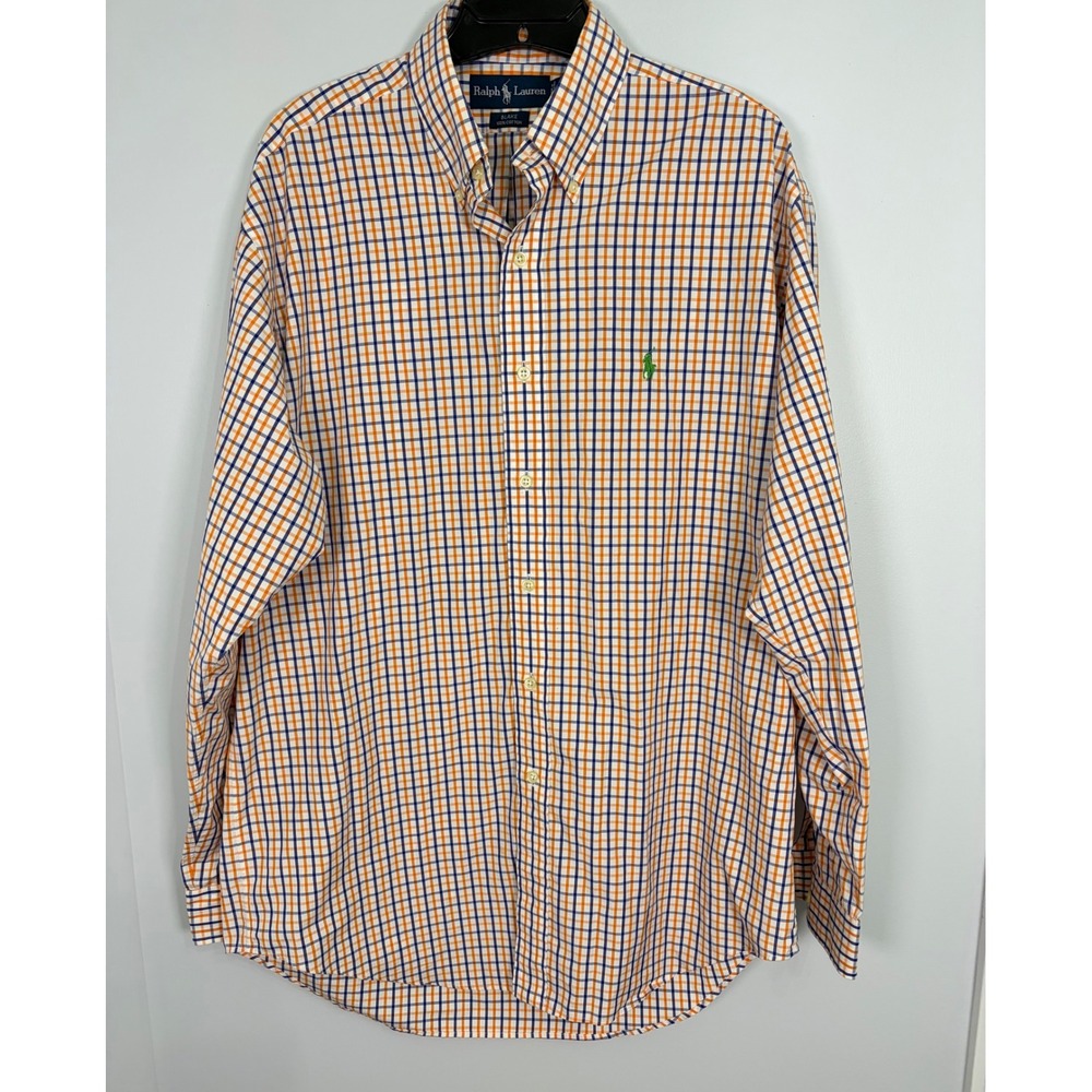 Polo Ralph Lauren Blake Shirt Mens Medium‎ Orange Blue Plaid Cotton Button Down